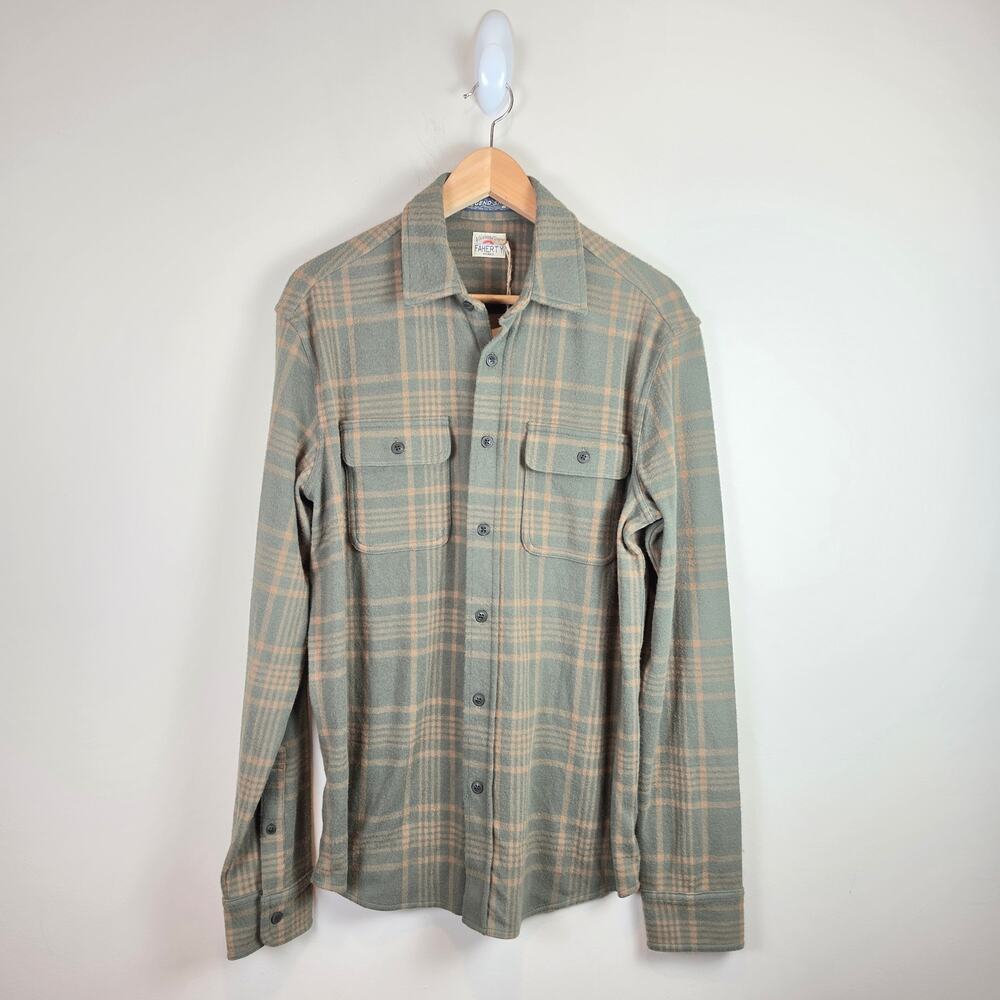 Faherty Mens Size M Legend Sweater Shirt Woodland Olive Plaid Soft Stretch